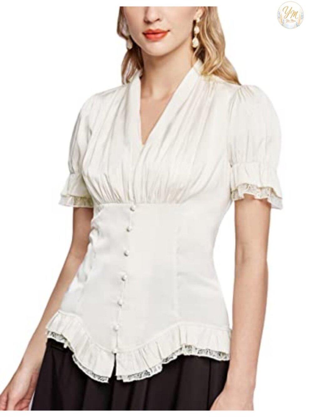 Victorian Blouse Short Sleeve Peasant Top Button Down Work Renaissance